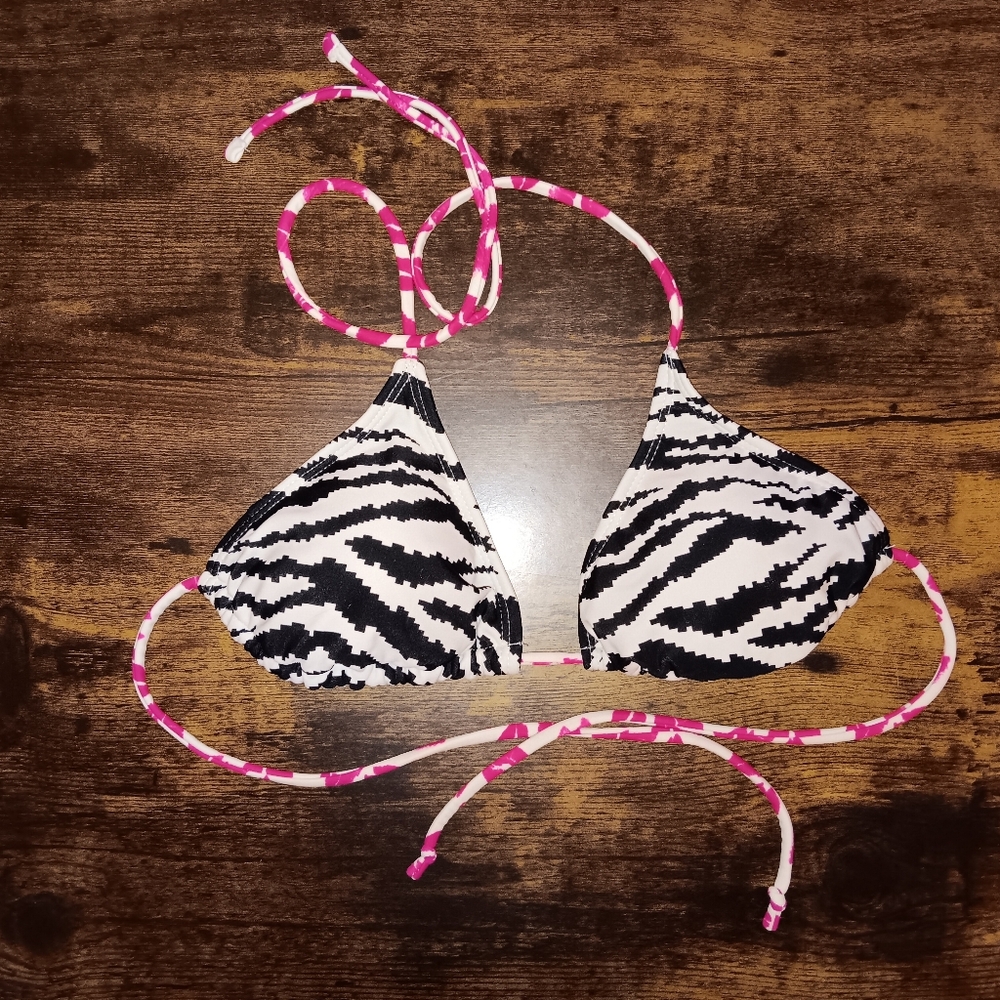 Zebra Print Triangle Bikini Top with Pink White Accent Ties & Removable Padding